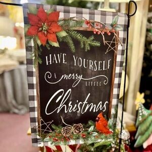 Festive Christmas Garden Flag with Cardinal and Poinsettia Have Yourself a